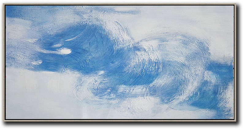 Abstract Painting Extra Large Canvas Art,Horizontal Palette Knife Contemporary Art,Size Extra Large Abstract Art,White,Blue,Grey.etc